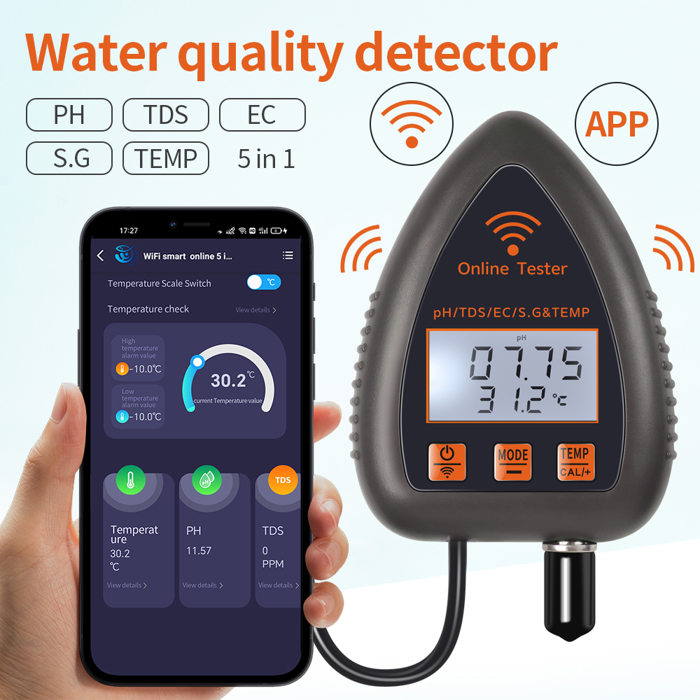 Ph Meter Digital Water Tester - Tuya WiFi 5 in 1 TDS/EC/SALT/SG./TEMP